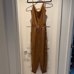 Spaghetti strap Drawcord Cargo Satin Jumpsuit in Camel Brown